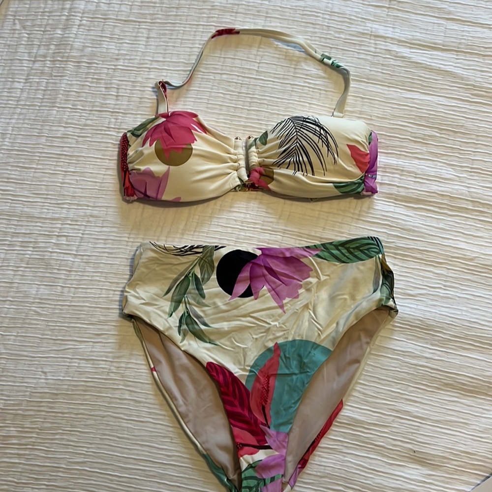 Cream bathing suit with floral design